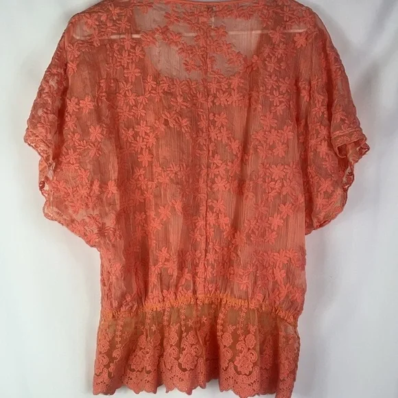 Charming Charlie gauzy lacy batwing peplum sheer top Sz L in orange - Picture 9 of 10